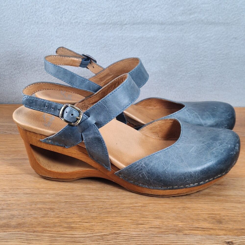Dansko Taci Women's 10.5 EU 41 Denim Comfort Clogs Mid Heel Arch Support Blue